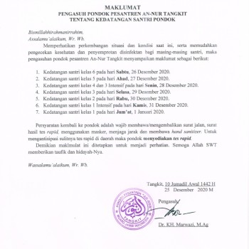 Pengumuman Jadwal Kedatangan santri 